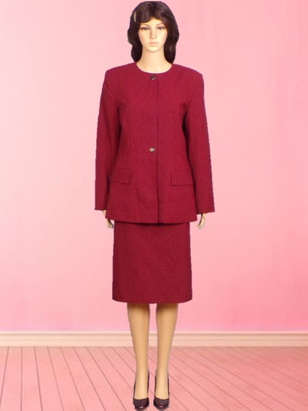 SAG HARBOR SUIT size 8 red/black glen-plaid 2-piece suit jacket/skirt 100% poly